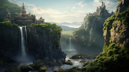 A castle hanging on the edge of a cliff with a waterfall below - obrazy, fototapety, plakaty