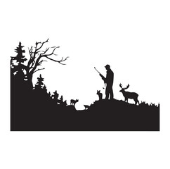 Fototapeta na wymiar Vector silhouette of hunting deer in forest. Symbol of animal and nature.