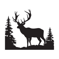 Vector silhouette of hunting deer in forest. Symbol of animal and nature.