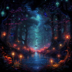 a symphony featuring the chromatic glow of lights, abstract fireflies in a jungle setting