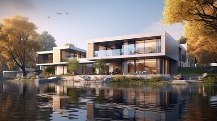 Fototapeta na wymiar 3d rendering of modern house by the river at morning, house, luxury, villa, modern, architecture, building, exterior, residential, property, designer