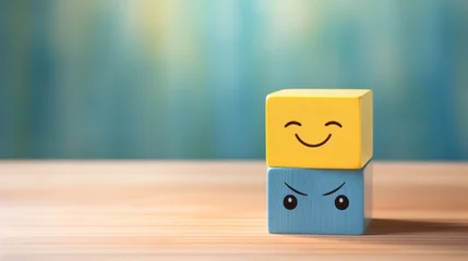 Fotobehang Mental health and emotional state, Smile face in bright side and sad face in dark side on wooden block cube for positive mindset selection, expression, mask, bipolar, generate by AI. © pinkrabbit