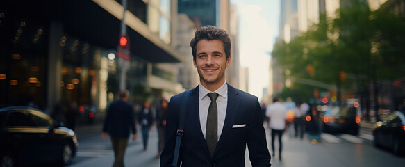 portrait of a handsome smiling Caucasian young businessman boss in a black suit walking on a city street to his company office. blurry street background, confident - obrazy, fototapety, plakaty