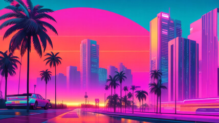 80s retro futuristic sci-fi background. Retrowave VJ videogame landscape with neon lights and low poly terrain grid. Stylized vintage cyberpunk vaporwave 3D render with mountains, sun and stars. 4K - obrazy, fototapety, plakaty