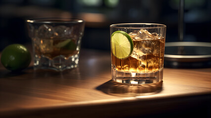 Whiskey with lime and ice on a wooden table in a bar. AI Generative