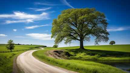 Fototapeta na wymiar Midday Serenity: A Rural Road to the Majestic Old Tree in a Green Field
