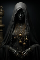 Malignant dark goddess with a black veil, obscured face, and golden pendants with chains around the neck. Sinister and diabolical religion or sect - obrazy, fototapety, plakaty