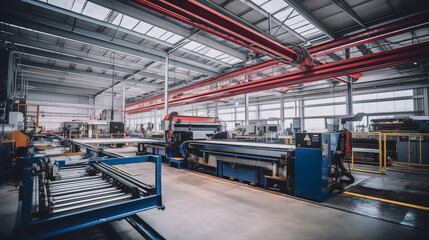 Naklejka premium Industrial Innovation: A Factory Equipped with CNC Automation, Pallet Systems, Arc Welding Machines.