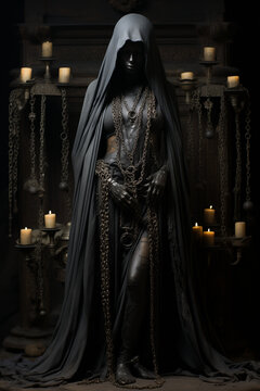 Goddess Lilith as a witch woman in religious black tunic and silk adornment, in cursed religious style, surrounded by candles. Occult spirit of dark magic with elegant and mysterious costumes
