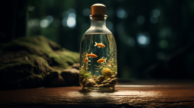Aquarium orange fish inside a small liquor bottle filled with water and algae, on a wooden table with a dark background. Cinematic wallpaper for a clean and natural water concept.