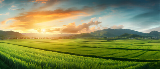 Beautiful rice fields at sunset.