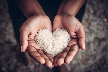 farmer hands in shape of heart holding handful of rice - obrazy, fototapety, plakaty