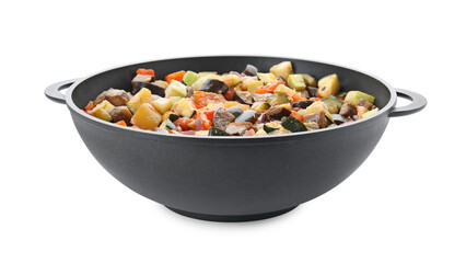 Delicious ratatouille in baking dish isolated on white