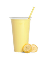 Plastic cup of tasty smoothie and fresh banana isolated on white
