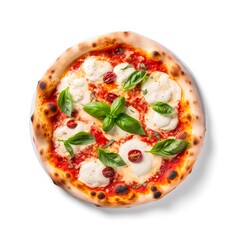 Margherita pizza on white background, top view.