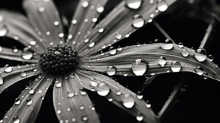 flower and dew drops in spider net - black and white macro photo
