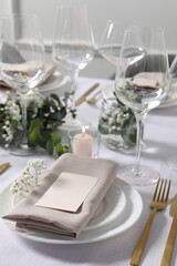 Beautiful table setting with floral decor, closeup