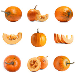 Whole and cut fresh ripe pumpkins isolated on white, set