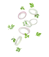 Fresh parsley and onion flying on white background