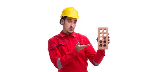 Young male mason with brick isolated on white