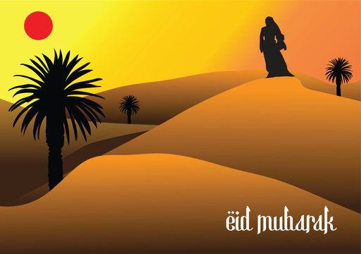 Woman in black dress and hijab on top of sand dune with palm trees in background, sunset in distance.