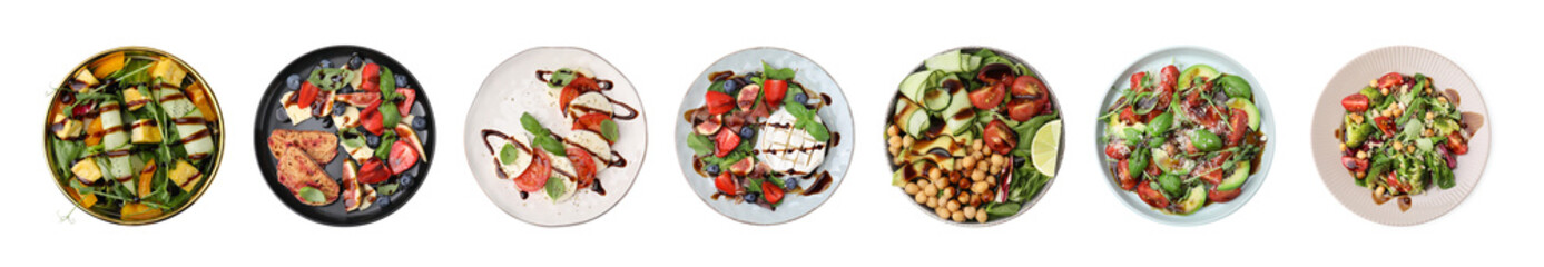 Delicious salads with balsamic vinegar isolated on white, top view