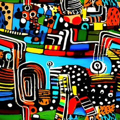 Colorful abstract travel Europe funky retro minimal repeat pattern in the style of trippy psychedelic cubism pop art