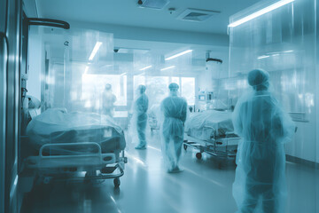 Hospital emergency team rush patient on gurney to the operating theater. Corridor in medical clinic. - obrazy, fototapety, plakaty