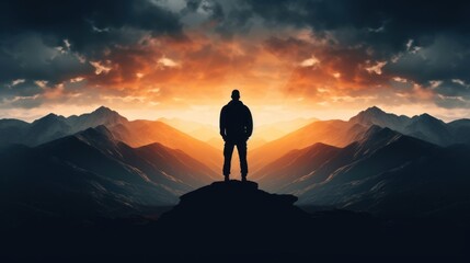 double exposure silhouette photography business male stand and feel happy on the most hight on the mountain, hiking, success, cliff. - obrazy, fototapety, plakaty