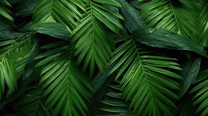 Tropical green palm leaves with fresh raindrops, vibrant nature background, high detail and texture, ideal for botanical themes and natural wallpapers. AI Generative