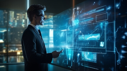 Virtual Intelligence Showcase: Businessman Utilizes Command Prompt for Futuristic Technology Transformation.