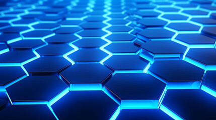 Obraz na płótnie Canvas smooth flat Hexagonal blue pattern, blue background texture, neon glowing light between hexagons, 3d illustration, 3d rendering