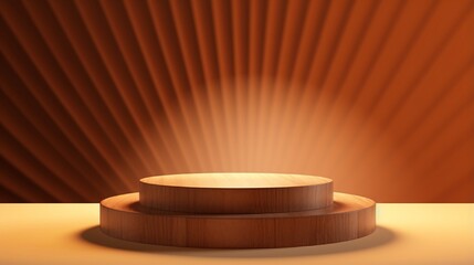 Geometric wooden stand with corrugated surface on brown background in rays of sunlight. Concept of 3d podium for presentation of cosmetic products, products.