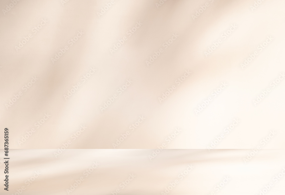 Poster Wall interior background, studio and backdrops show products. with leaf shadow from window color beige and white. background for text insertion and presentation of product