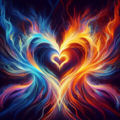Fototapeta premium Fiery heart. Twin flame logo. Esoteric concept of spiritual love. Illustration on black background for web sites, wallpapers and much more. Created using generative ai tools