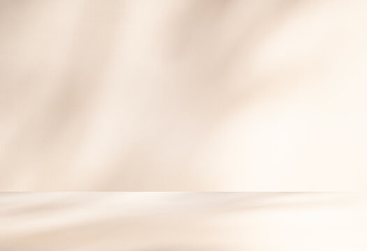 Wall interior background, studio and backdrops show products. with leaf shadow from window color beige and white. background for text insertion and presentation of product