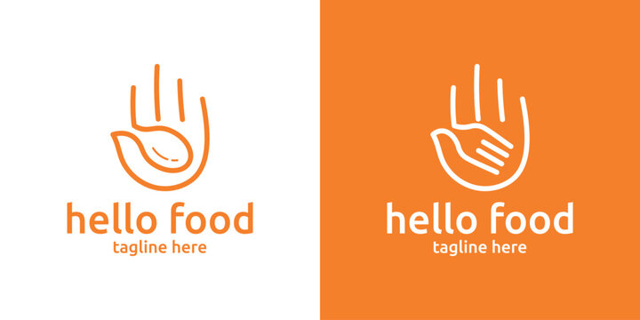 restaurant logo design with a combination of hand shapes and fork spoons, minimalist line logo.