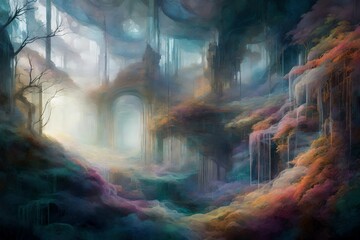 Ethereal mist weaving through a labyrinth of transparent layers, transforming the mundane into an abstract dreamscape. - obrazy, fototapety, plakaty