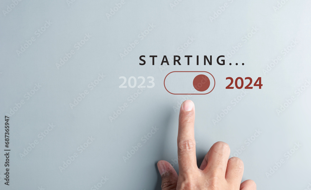 Leinwandbilder Pointing Happy New year 2024 with chart graph and countdown merry christmas and happy new year, Planning and challenge strategy business in new year 2024 Concept.