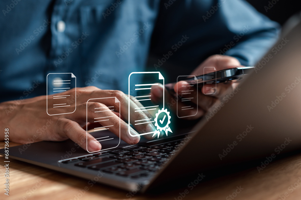 Poster Assessment for certificate good quality product, digital improvement QC and QA iso, Standard check quality control concept.