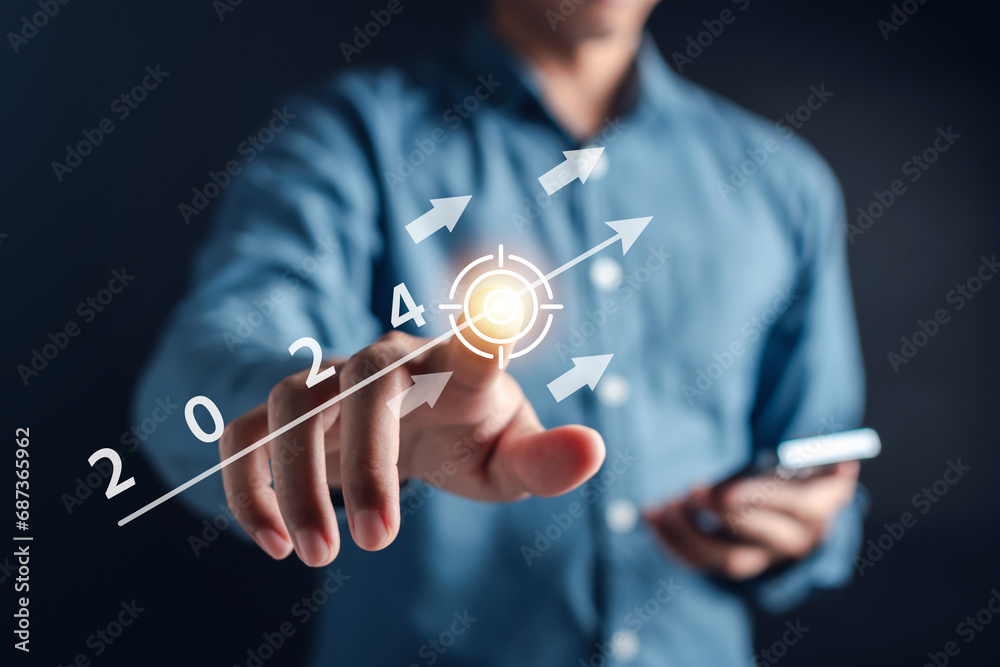 Aufkleber Pointing Happy New year 2024 with chart graph and countdown merry christmas and happy new year, Planning and challenge strategy business in new year 2024 Concept.