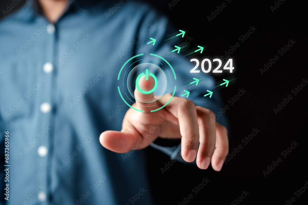 Poster pointing happy new year 2024 with chart graph and countdown merry christmas and happy new year, plan