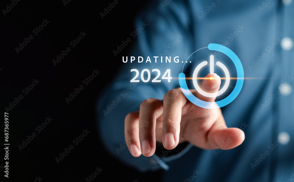 Aufkleber Pointing Happy New year 2024 with chart graph and countdown merry christmas and happy new year, Planning and challenge strategy business in new year 2024 Concept.