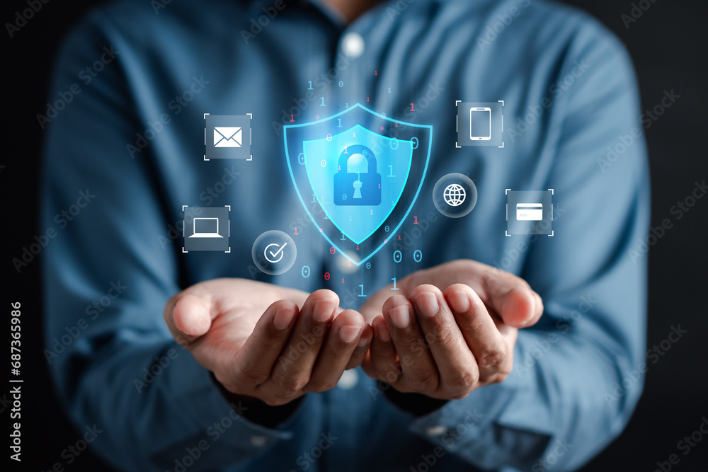 Fototapete Cyberspace security Protection data, Database hacks, safety online internet cyber crime. hacker attack, Identity theft and Hacking and stealing data. damage the system.