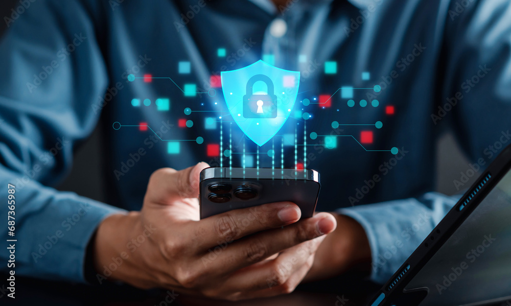 Fototapete Cyberspace security Protection data, Database hacks, safety online internet cyber crime. hacker attack, Identity theft and Hacking and stealing data. damage the system.