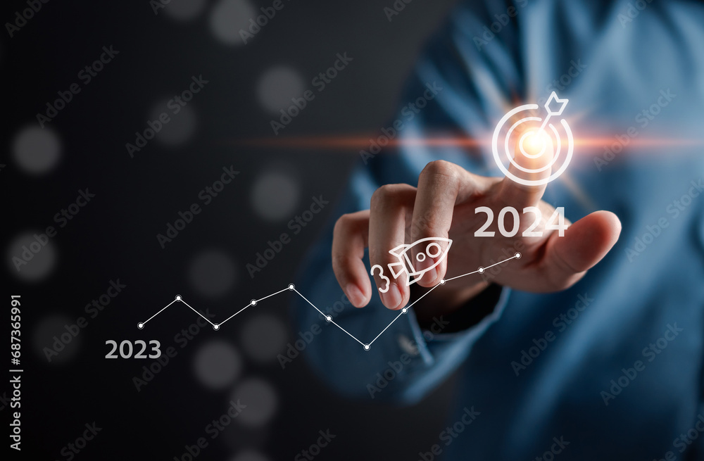 Poster Pointing Happy New year 2024 with chart graph and countdown merry christmas and happy new year, Planning and challenge strategy business in new year 2024 Concept.