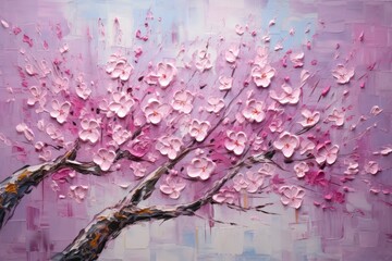 palette knife textured painting sakura Japanese cherry tree Sakura blossom background with a pink blooming sakura tree