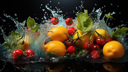 vegetables and fruits in the water on black background