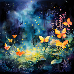 Obraz na płótnie Canvas a vivid symphony featuring abstract fireflies with watercolor-inspired strokes, jungle elements