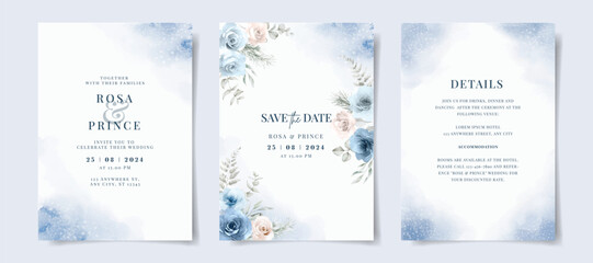 Beautiful set of wedding invitation card template with blue floral and leaves decoration. Winter theme